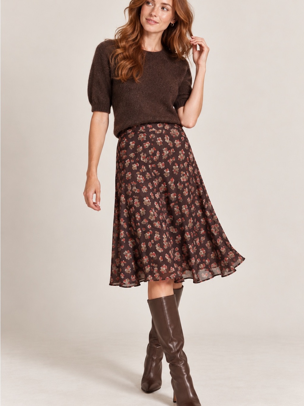 Jones New York 100% Silk Brown Whimsical Midi Skirt Size 14